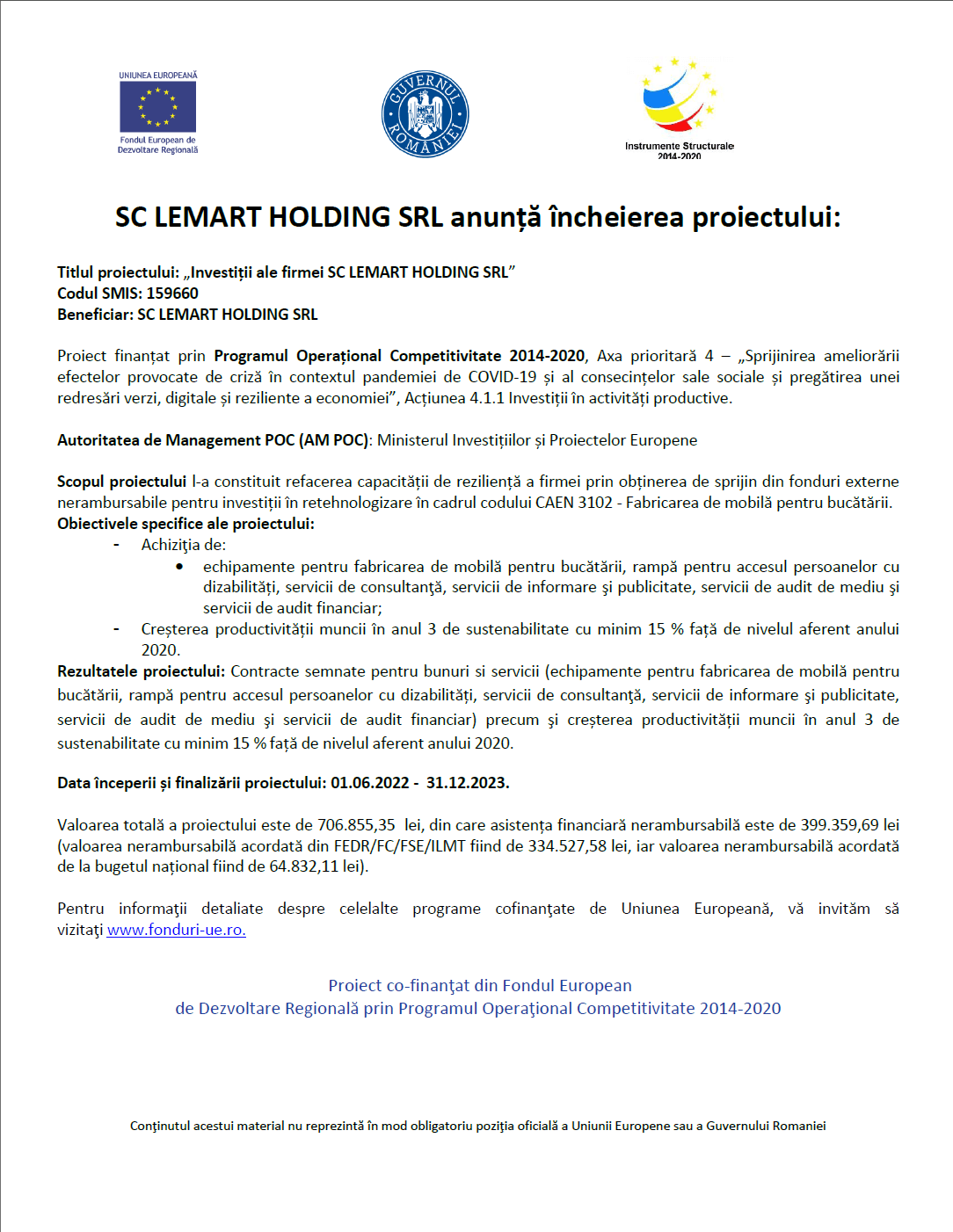 SC LEMART HOLDING SRL - Anunț încheiere proiect finanțat prin Programul Operațional Competitivitate 2014-2020