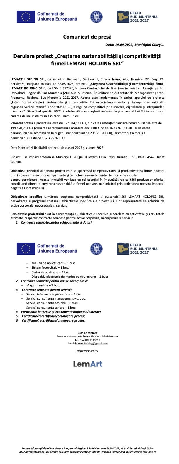 Anunț pornire proiect 2025 – Programul Regional Sud-Muntenia 2021–2027 (2 pagini)